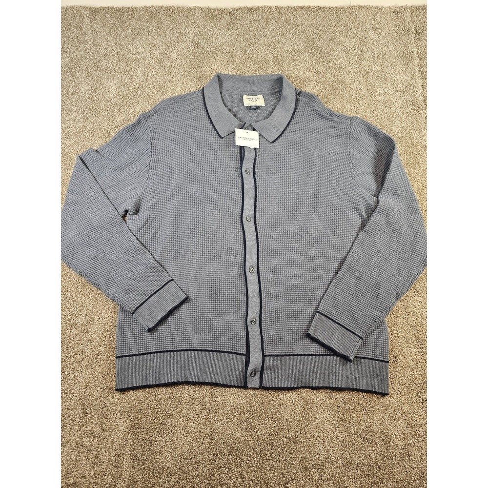 American Eagle Mens Waffle Knit Polo Cardigan Blue Gray Button Front M 1942-448